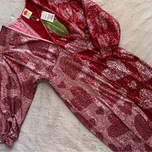 NWT FARM Rio Hearts Sequin Balloon Sleeve Midi Dress Eras Tour Lover Small Sz S